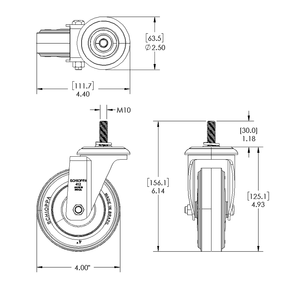 31-SM10D4-5 MODULAR SOLUTIONS ALUMINUM CASTER<br>4" SWIVEL, M10 STEM